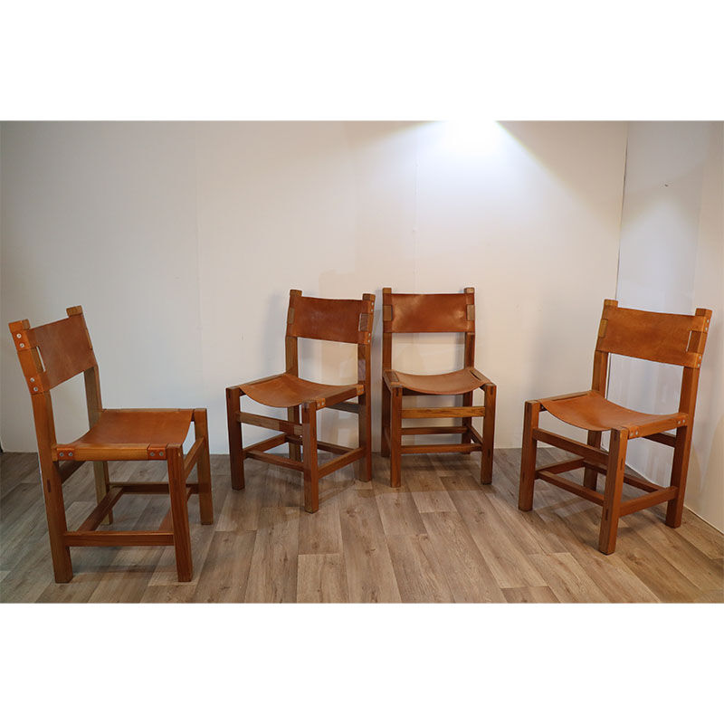 Série de 4 chaises vintage maison regain en orme et cuir 1970