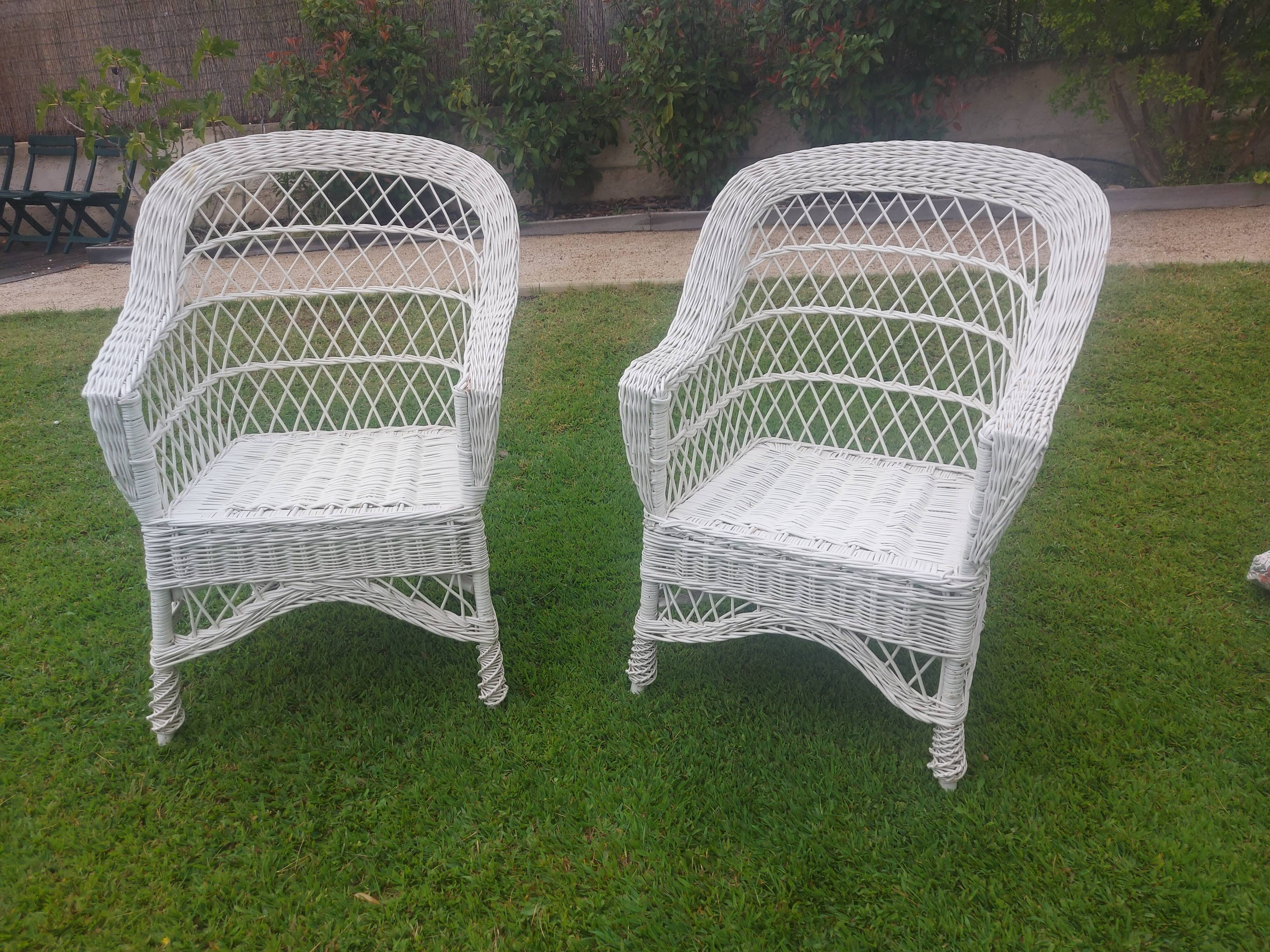 Rattan armchairs, white lacquered