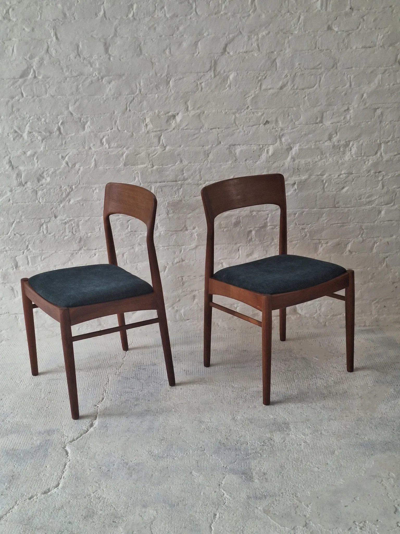 Pair of Henning Kjaernulf teak dining chairs sea blue-green, Denmark 1960s