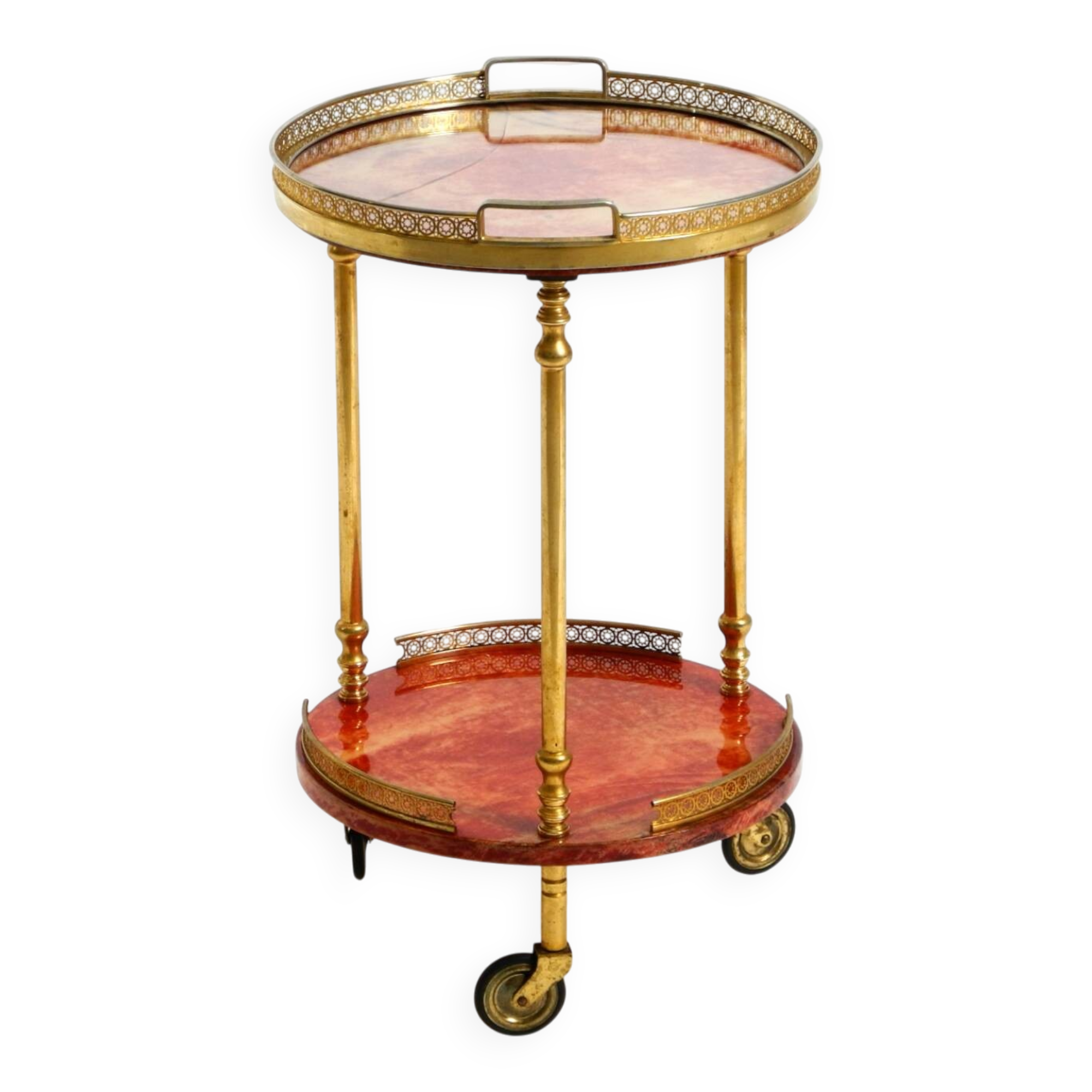 Round, small 1960s Aldo Tura serving or bar trolley in red goatskin leather
