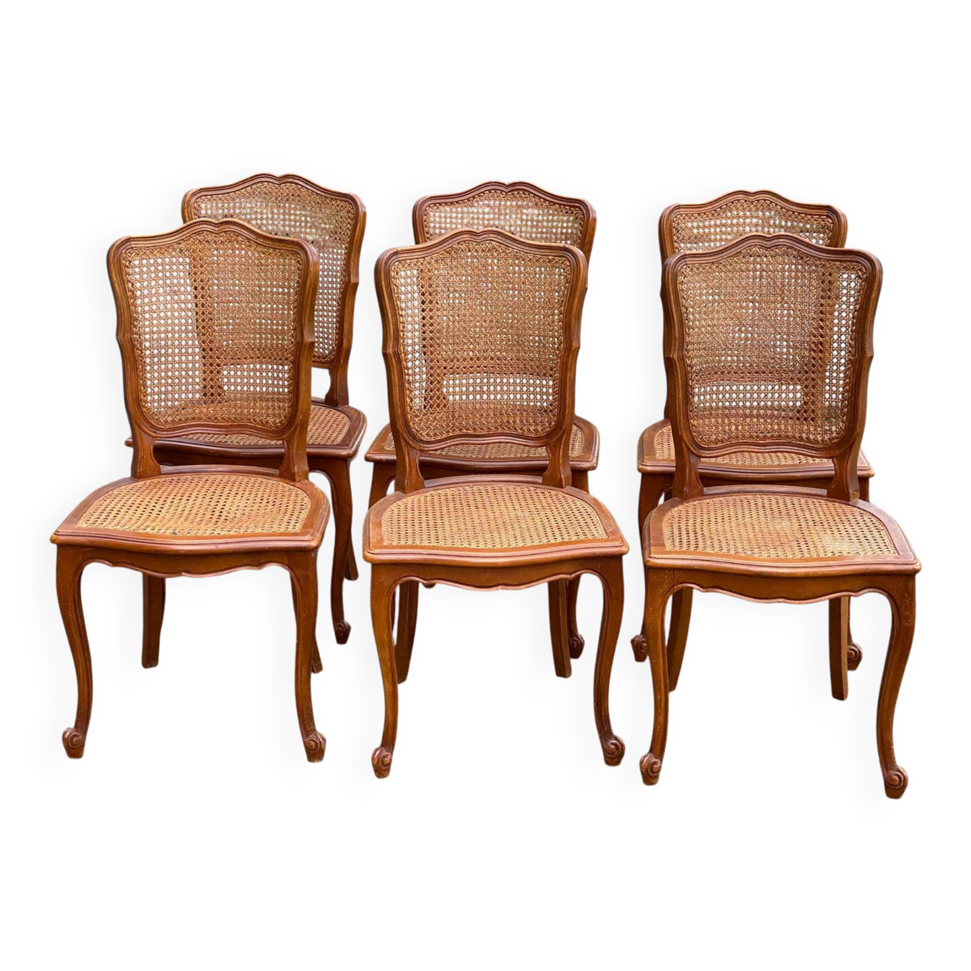 6 chaises cannées Louis XV en bois massif des années 50