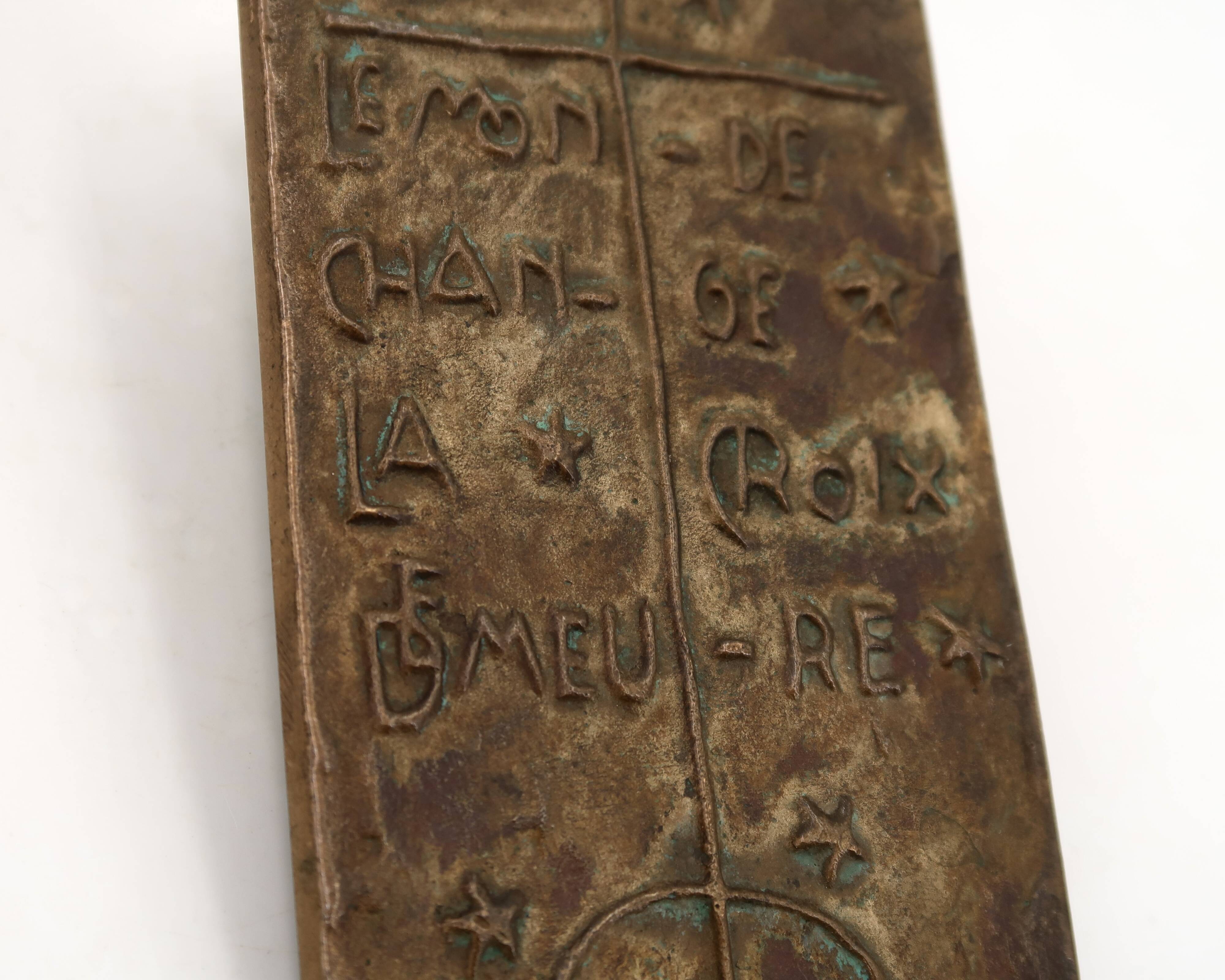 Modernist bronze wall religious plaque with saying, 1950s.