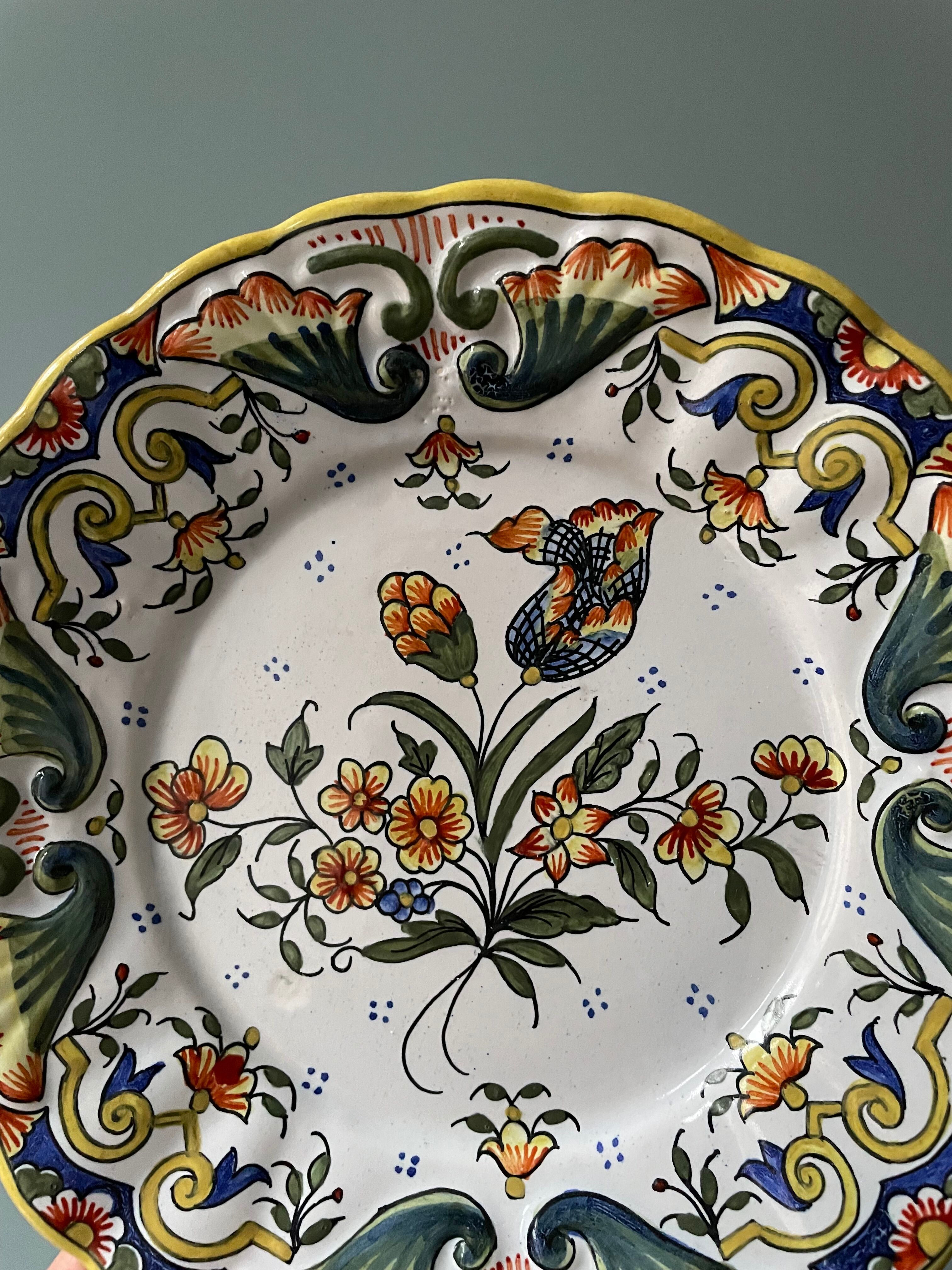 Set of 2 decorative plates in Rouen earthenware