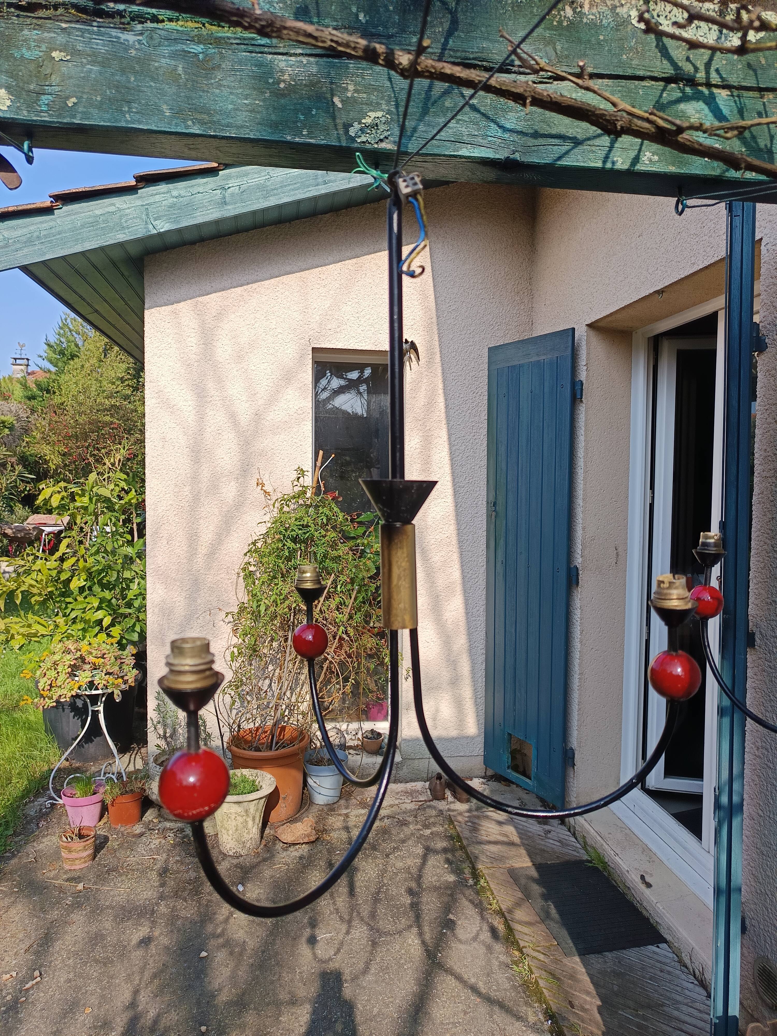 pair of vintage black metal chandeliers with red balls 1950/1970
