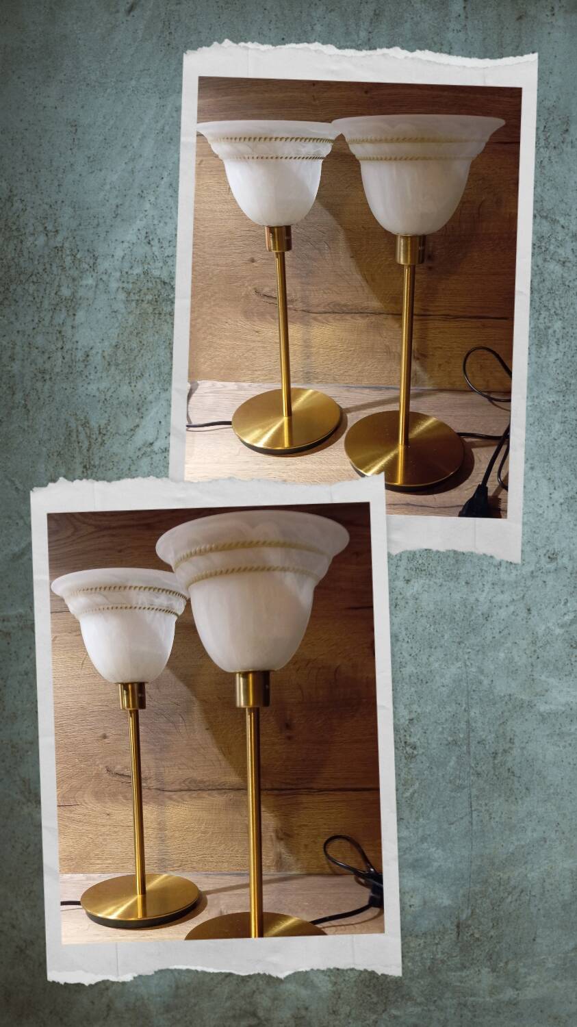 Duo lampes de chevet rétro chic métal doré, globes blancs drappés