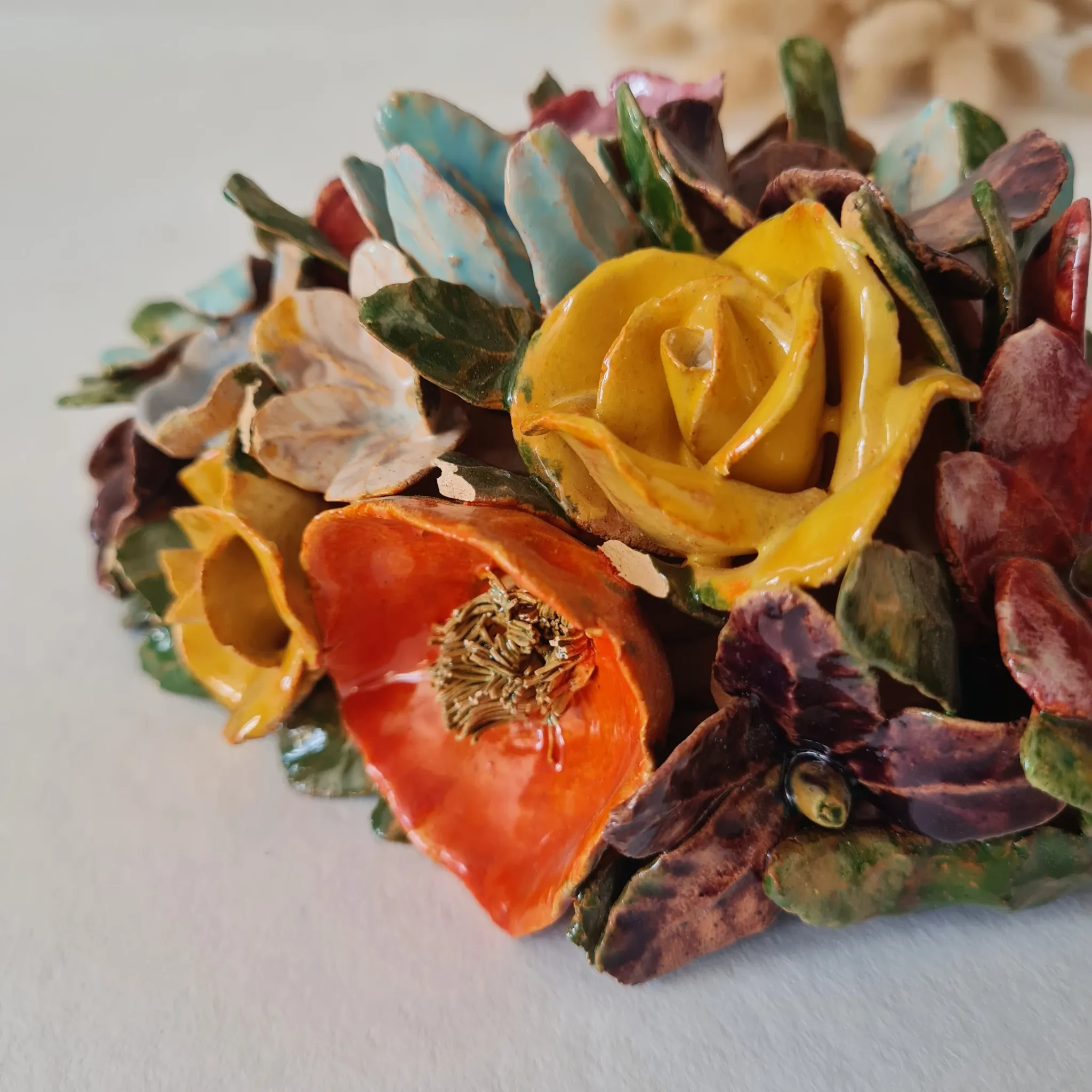 Applied bouquet of flowers in slipware Art Nouveau