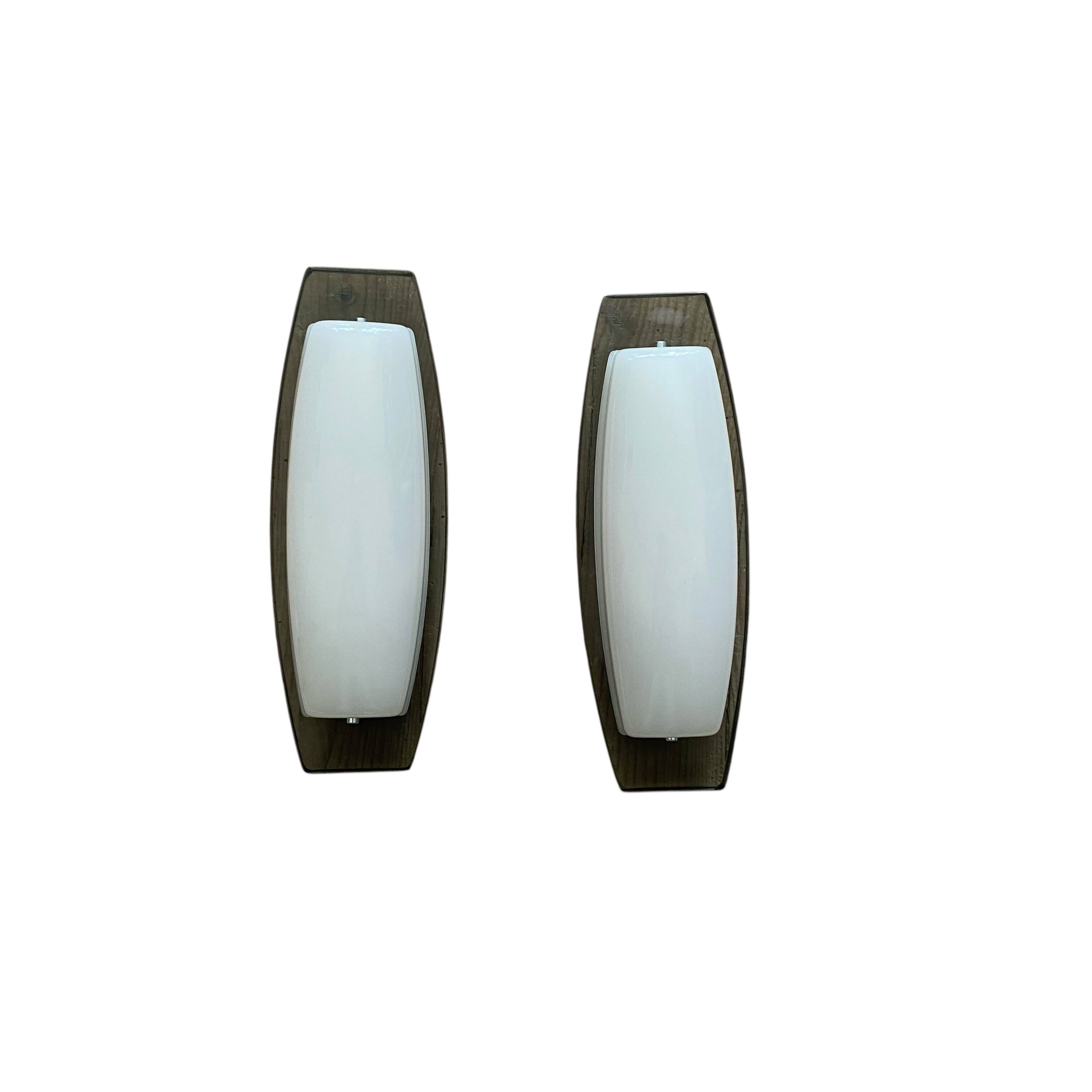 Pair of Veca Fontana wall sconces in smoked and white glass.