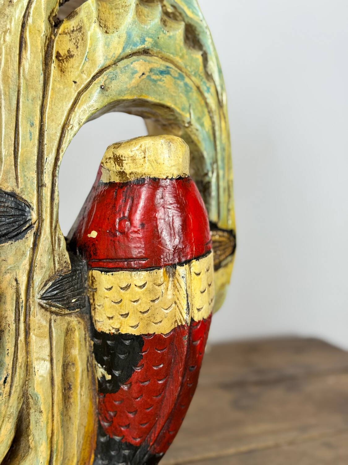 Wooden wall sculpture of Koi Carp, tribal India, mid-20th century.