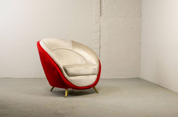 Fauteuil lounge italien Guglielmo Veronesi en velours argenté et rouge pour ISA Bergamo
