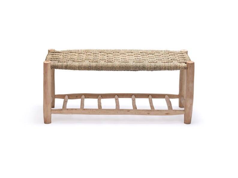 Handcrafted bench with shelves, raffia seat, natural wood bench