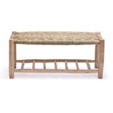 Handcrafted bench with shelves, raffia seat, natural wood bench