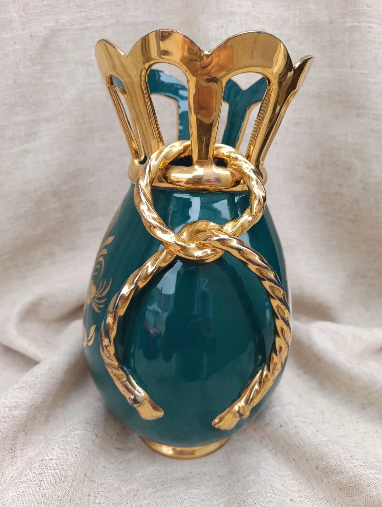 Italian lilac crown vase 26cm - emerald green & gold - vintage 60s year