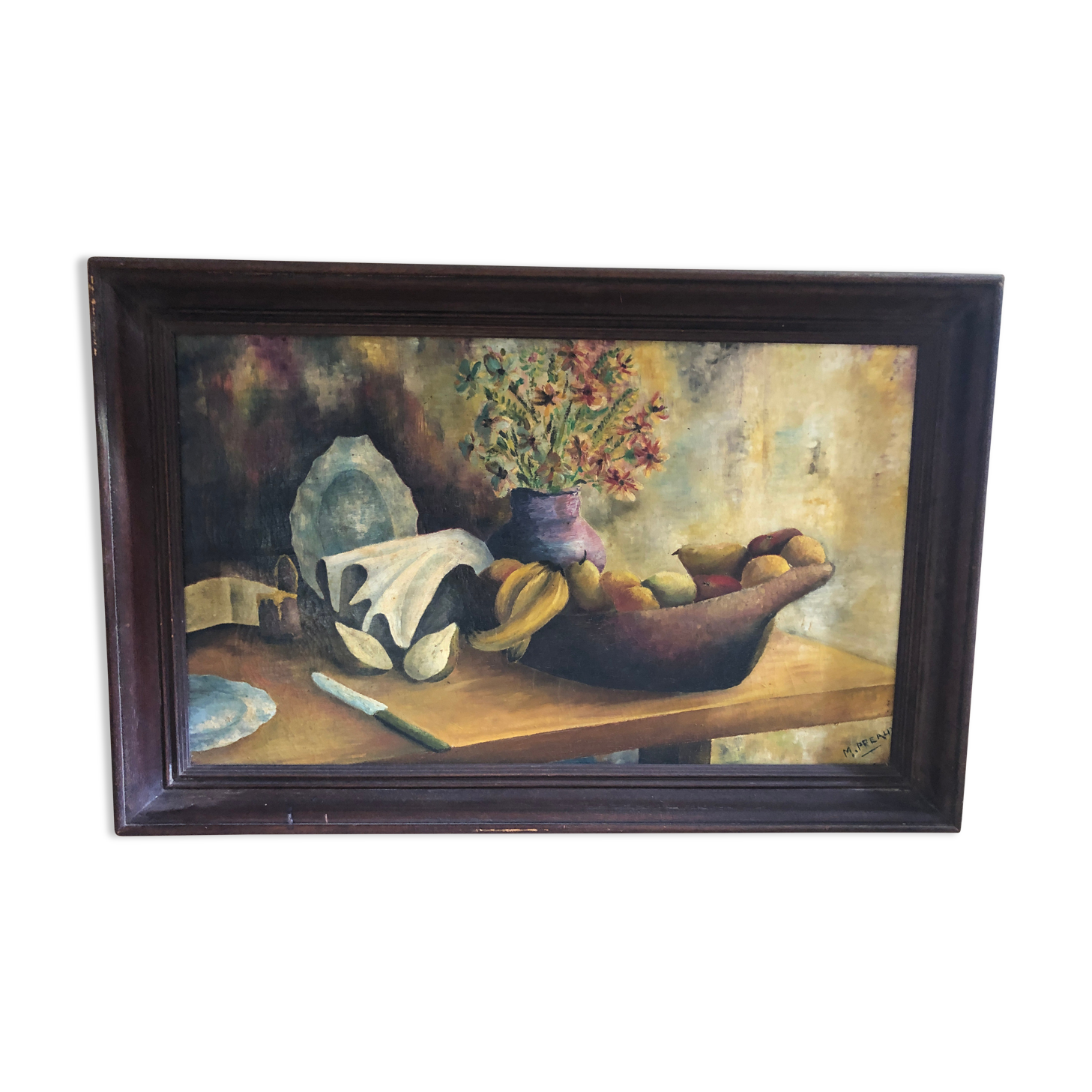Painting old oil on canvas m. preaux still life + vintage wood frame