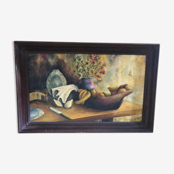 Painting old oil on canvas m. preaux still life + vintage wood frame