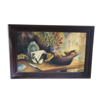 Painting old oil on canvas m. preaux still life + vintage wood frame