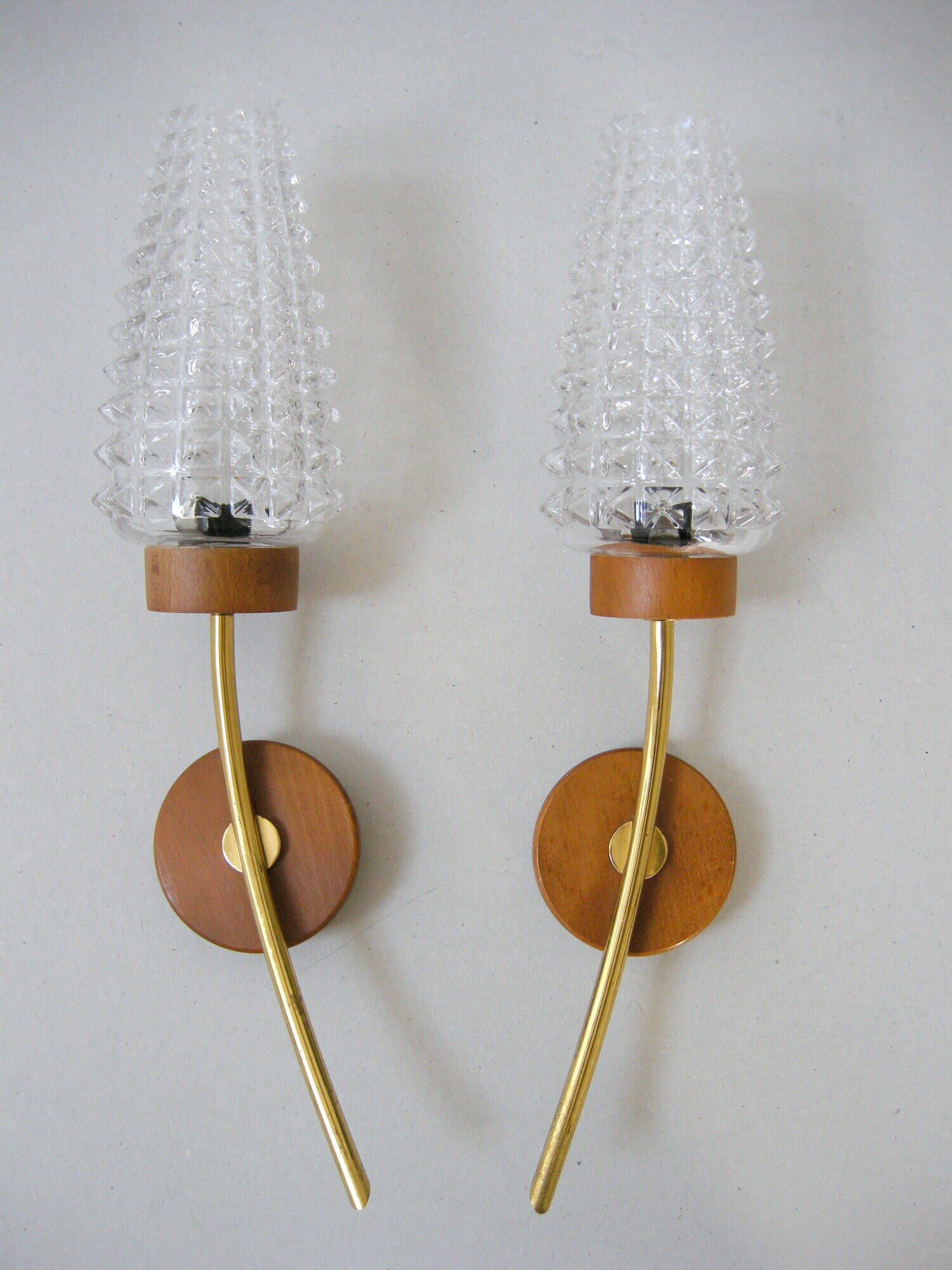 Pair of vintage wall lamps 1960 brass wood & glass
