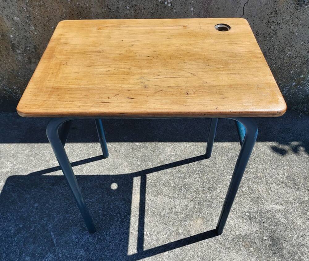 School table, wooden desk, metal, vintage, industrial style, 50s