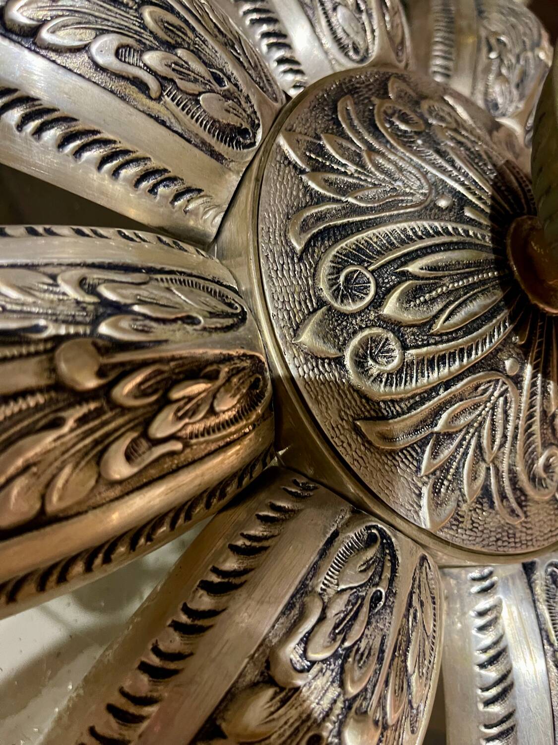 Art Deco ceiling light in bronze with 9 glass globes, France 1935