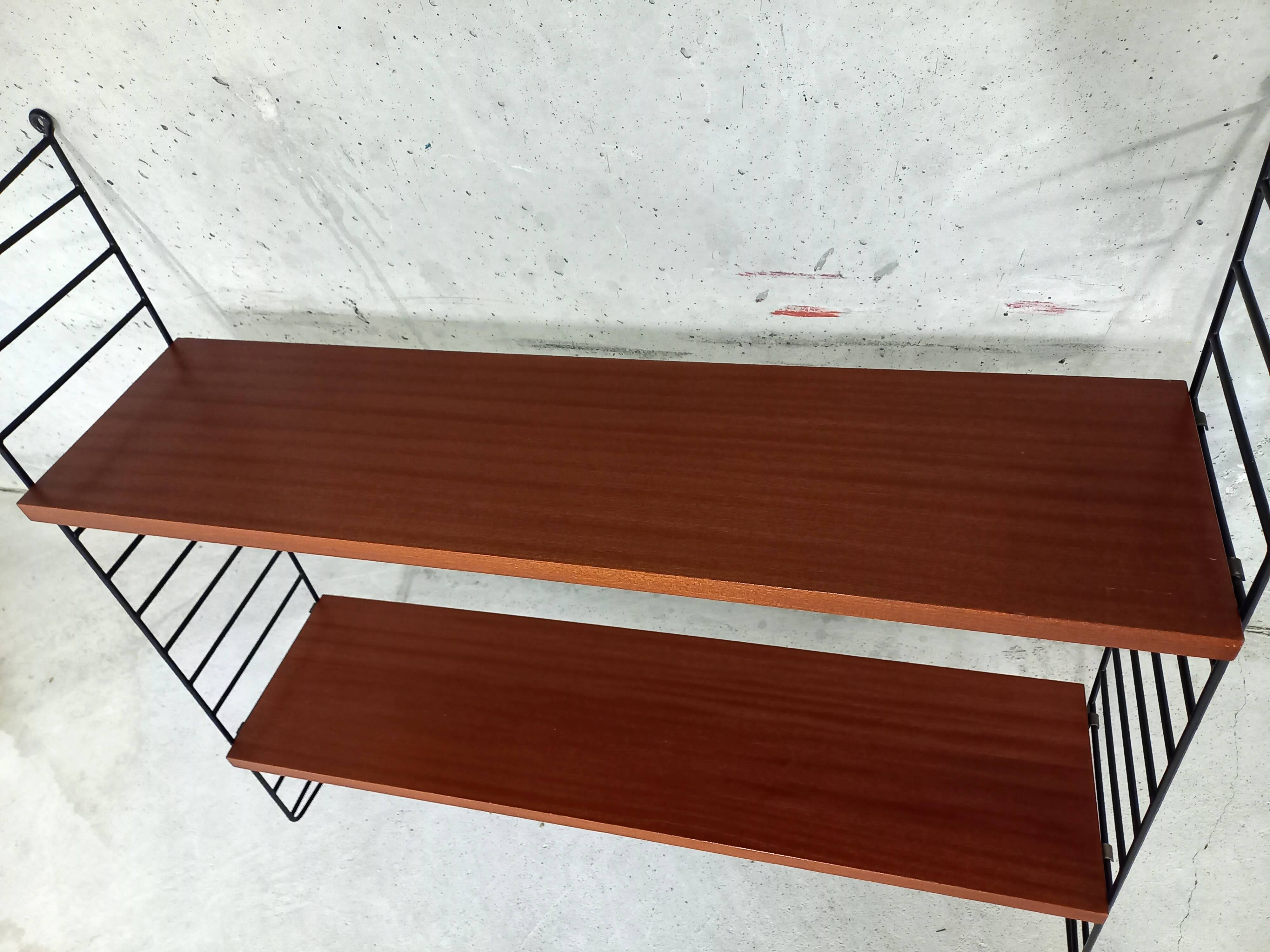 Vintage wall shelf in teak and black metal String Tomado style