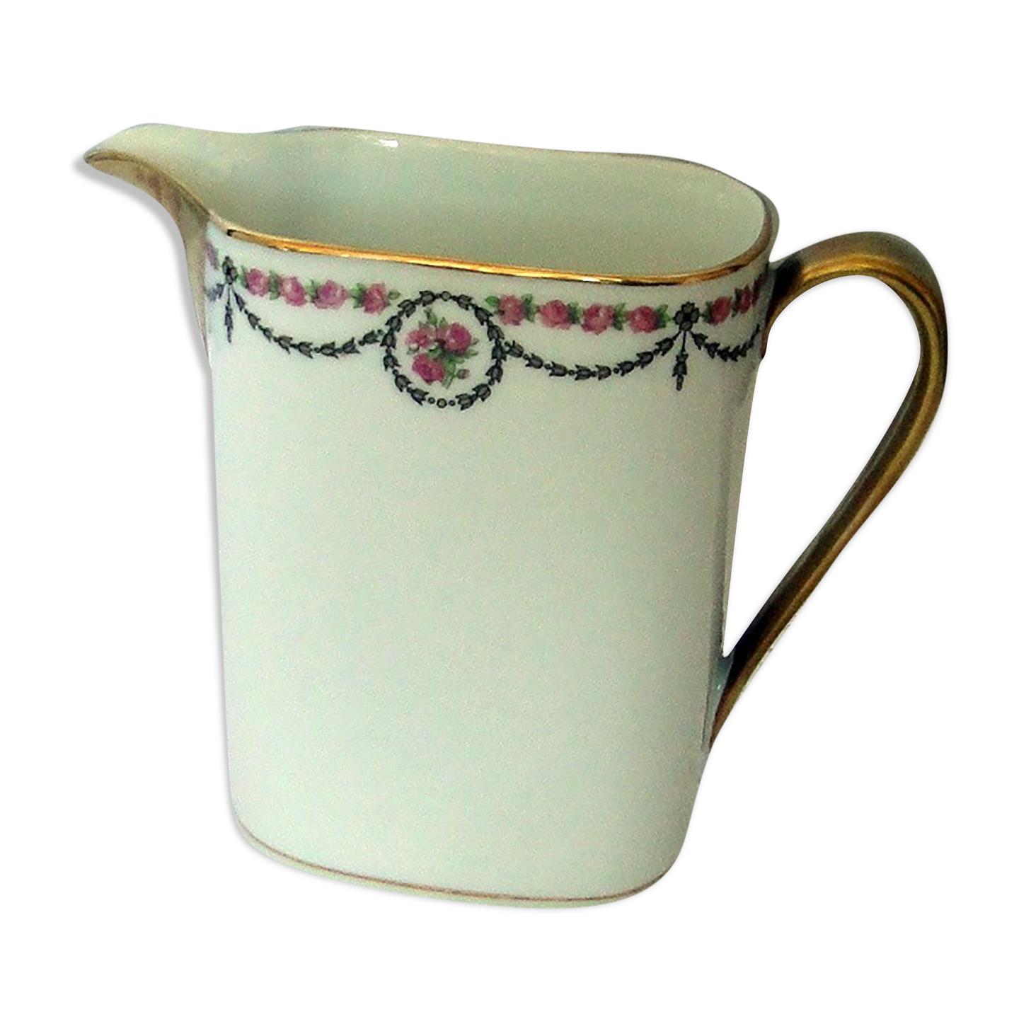 Porcelain milk pot limoges blanche liseret beak and handle dores and garland pink