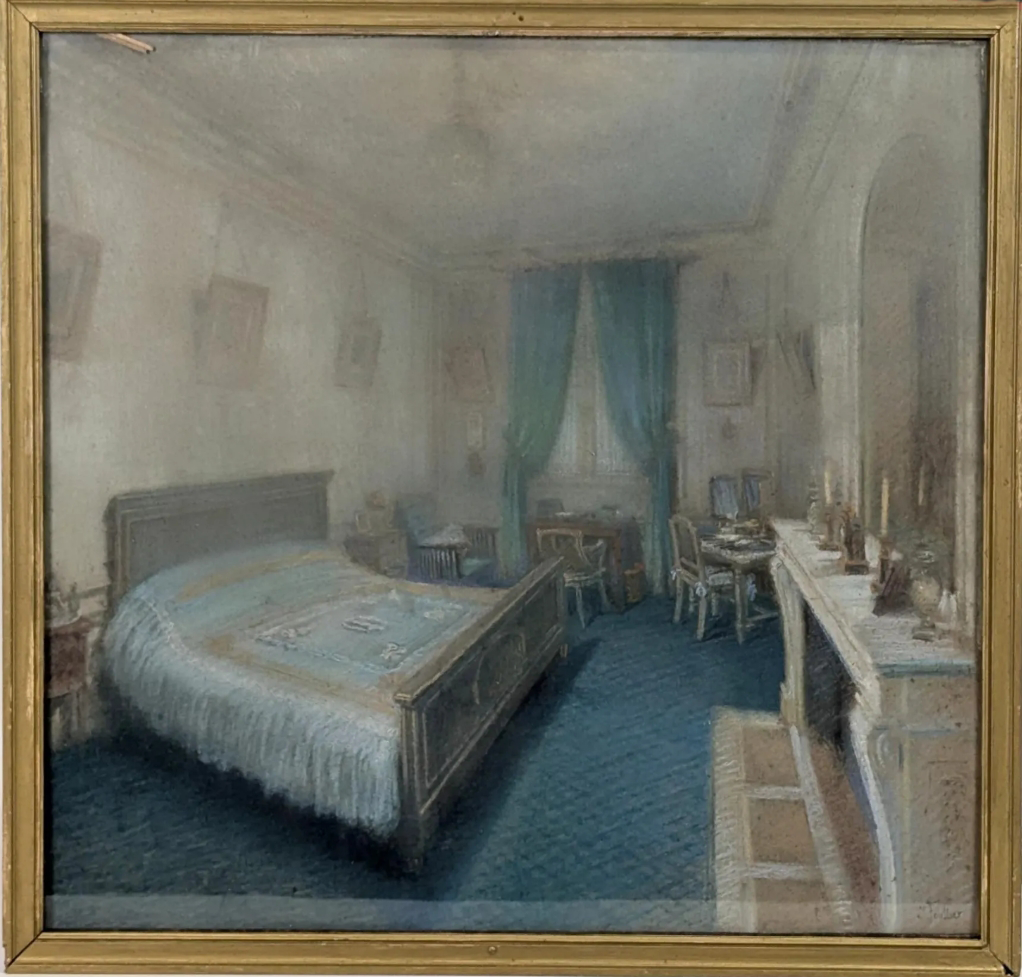 A painting depicting a 19th-century bedroom signed by Jean Victor Fossier.