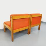 Set of 2 vintage Baumann armchairs in orange fabric and wood from the 80s