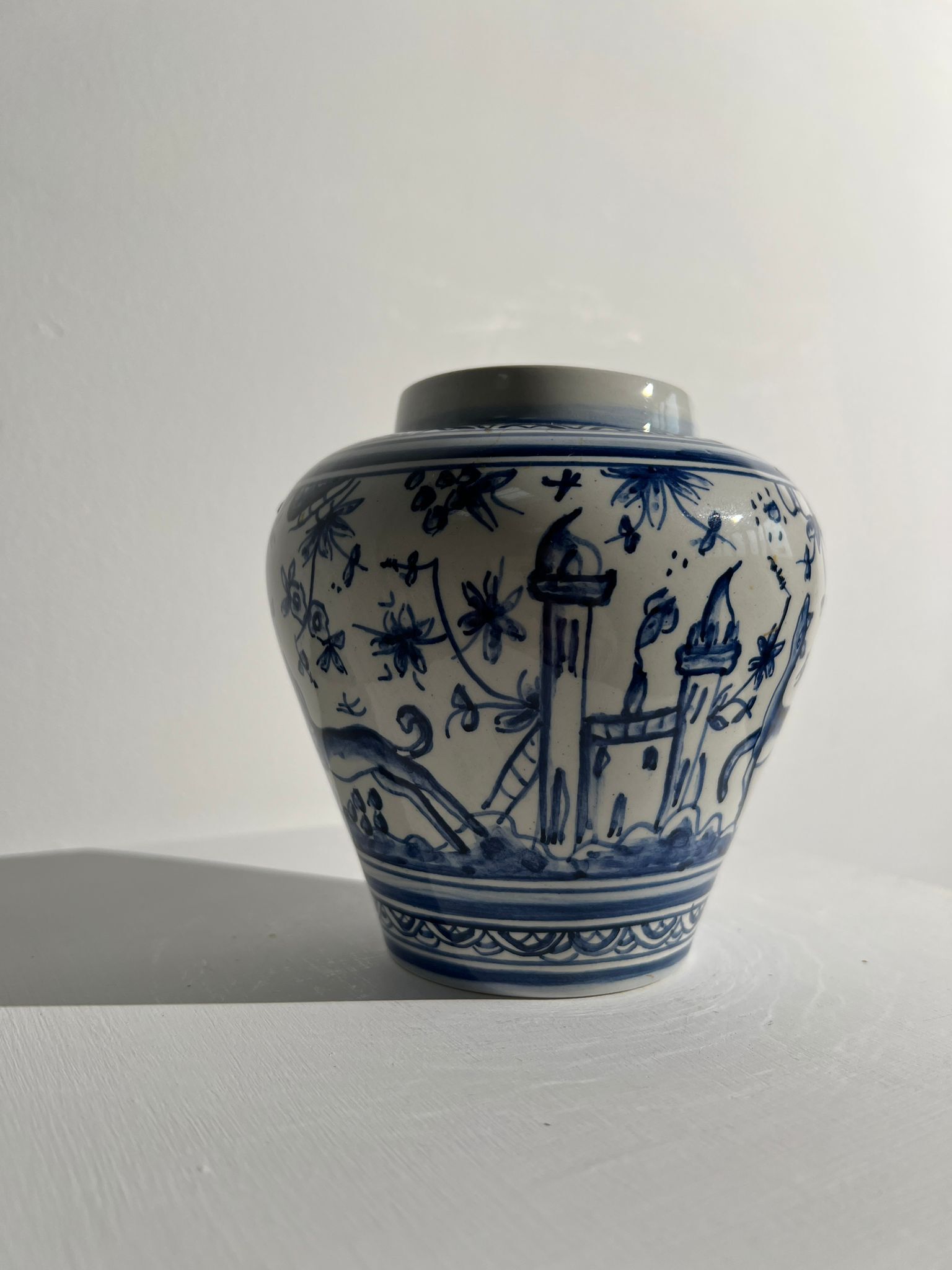 Blue and white Portuguese handmade vase with stylized pastoral pattern H:12,5cm