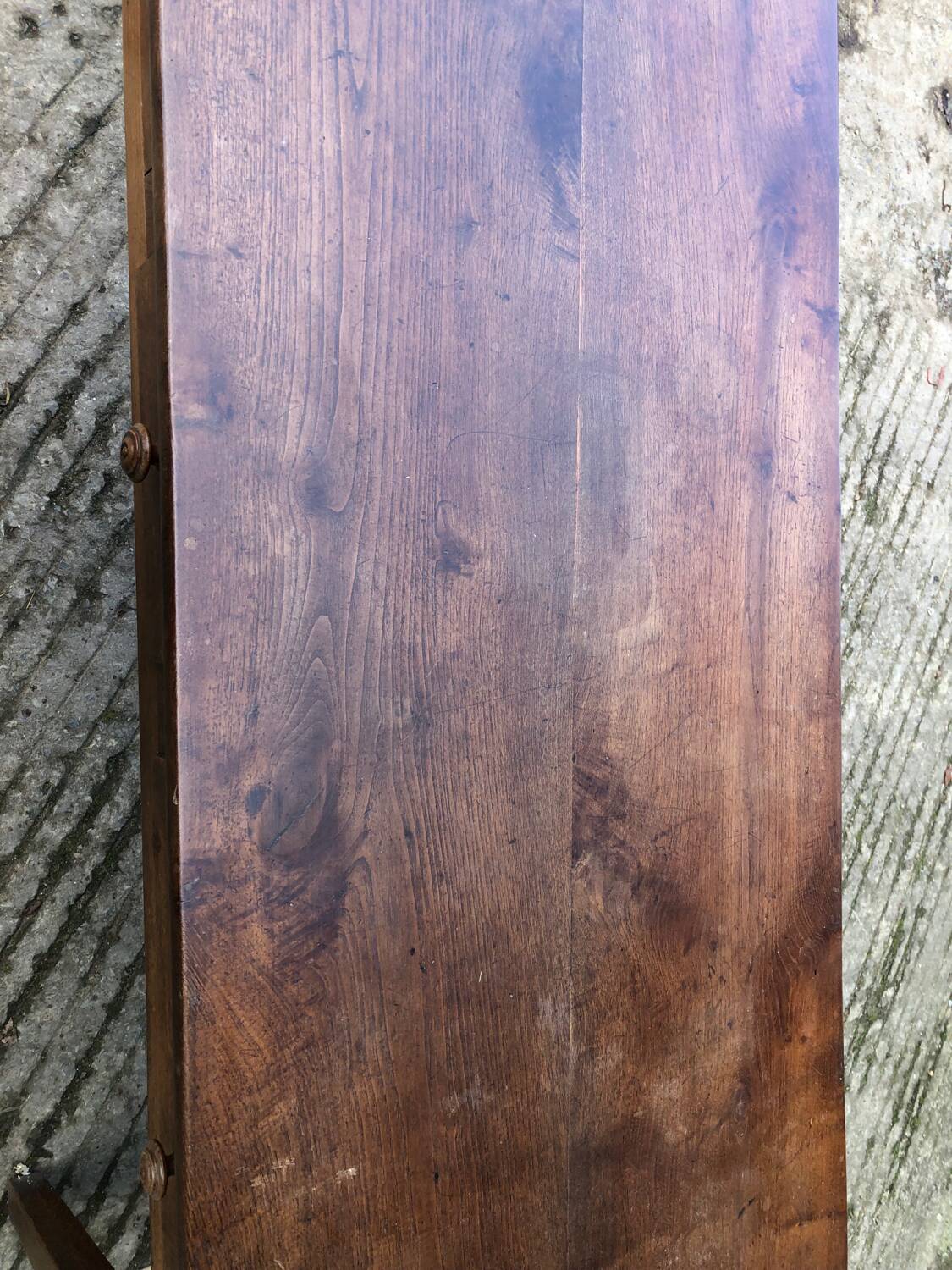 Antique chestnut farmhouse table with 3 drawers on the front.