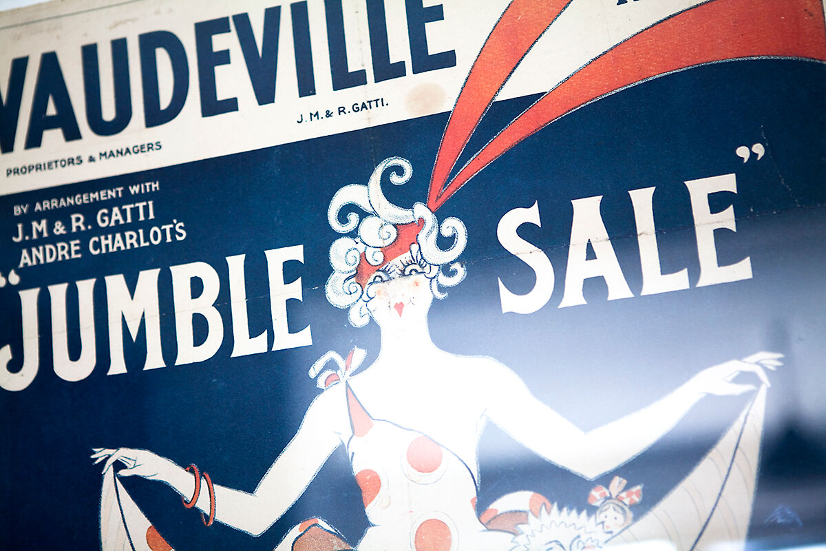 Original, framed, vintage poster, wall art, London's Vaudeville Theatre poster for the show "Jumble Sale"