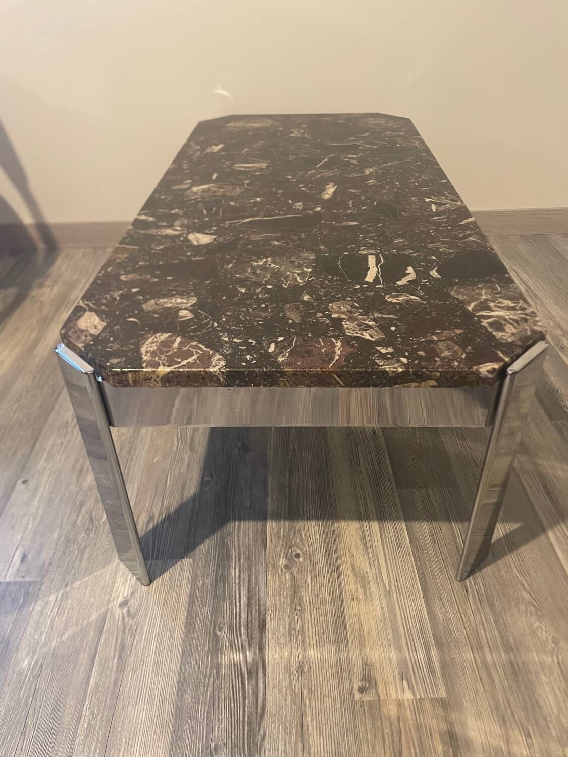 Table basse vintage roche bobois marbre pieds chromé circa 1970s