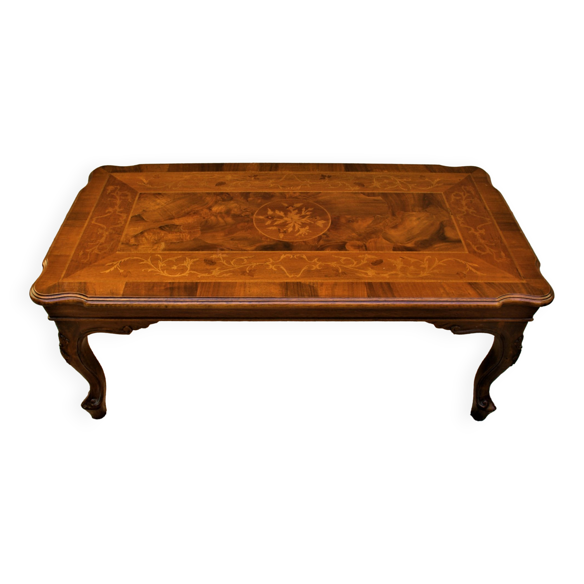 Italian wooden coffee table with marquetry inlaid top