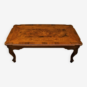 Table basse italienne en bois avec plateau incrusté de marqueterie