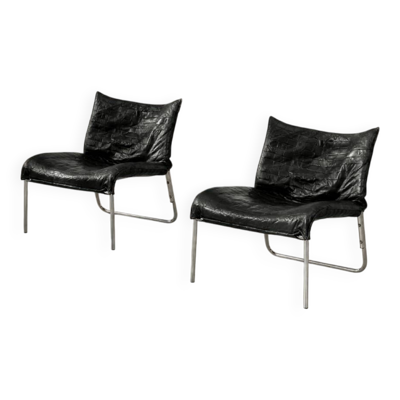 Chaises longues en cuir noir patchwork suédoises modernes du milieu du siècle d'IKEA
