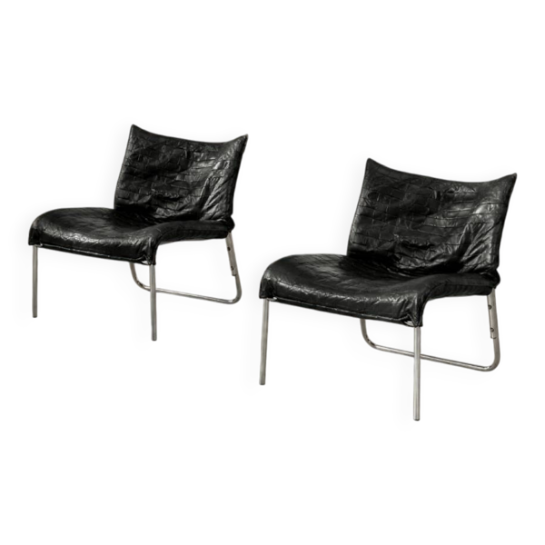 Chaises longues en cuir noir patchwork suédoises modernes du milieu du siècle d'IKEA