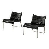 Chaises longues en cuir noir patchwork suédoises modernes du milieu du siècle d'IKEA