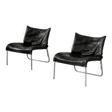 Chaises longues en cuir noir patchwork suédoises modernes du milieu du siècle d'IKEA