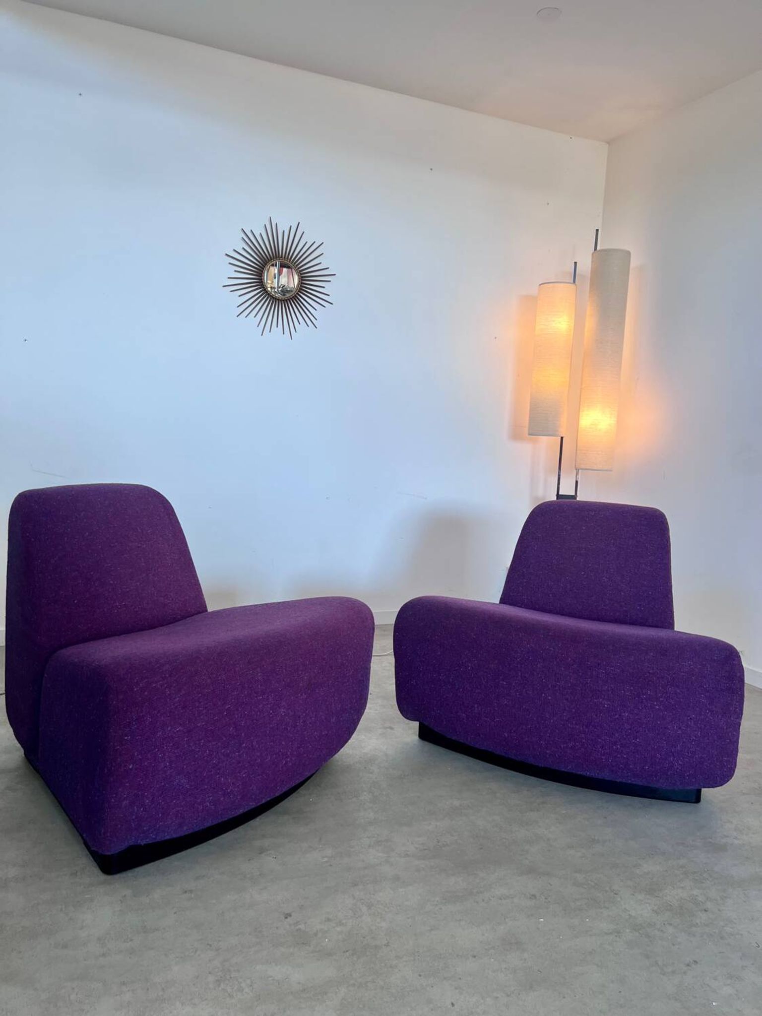 Lot 2 low chairs Space Age design from the 70s purple fabric vintage armchair