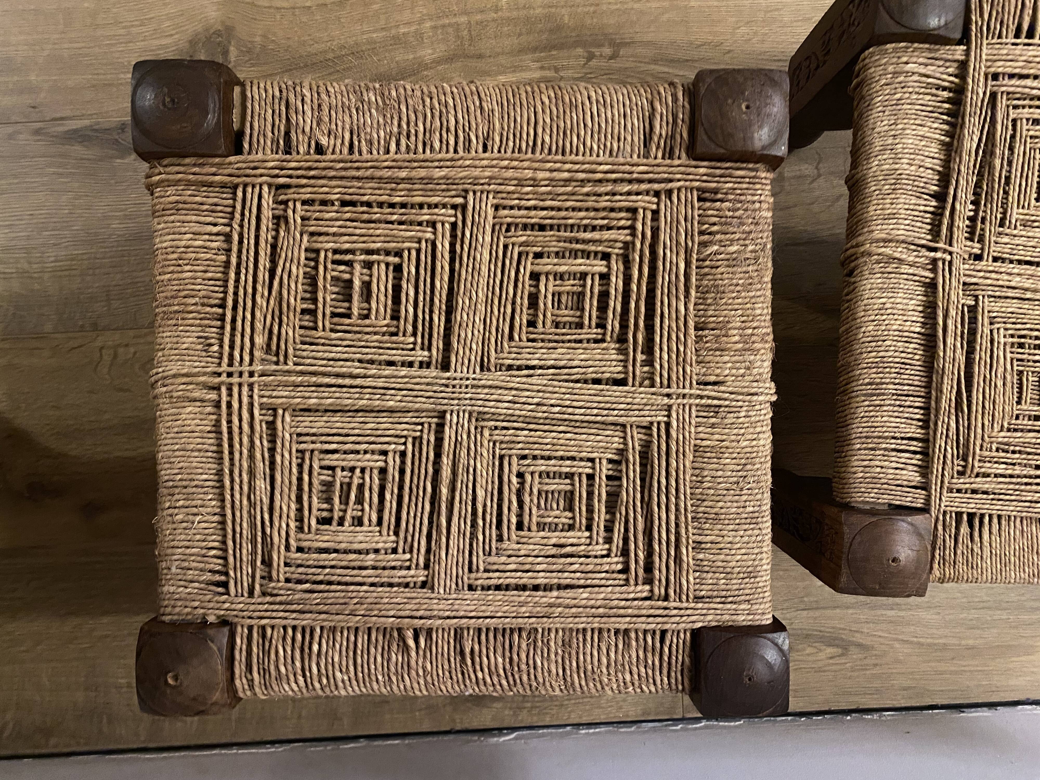 3 wooden and rope charpoy stools