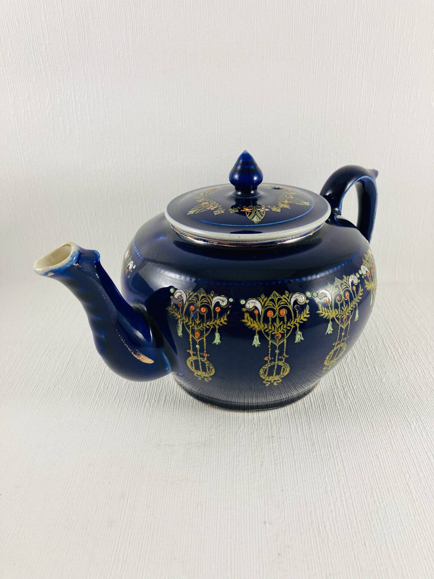 Teapot Earth to Fire Sainte-Uze Cobalt Blue Gold Relief Enamels 19th Century 80cl