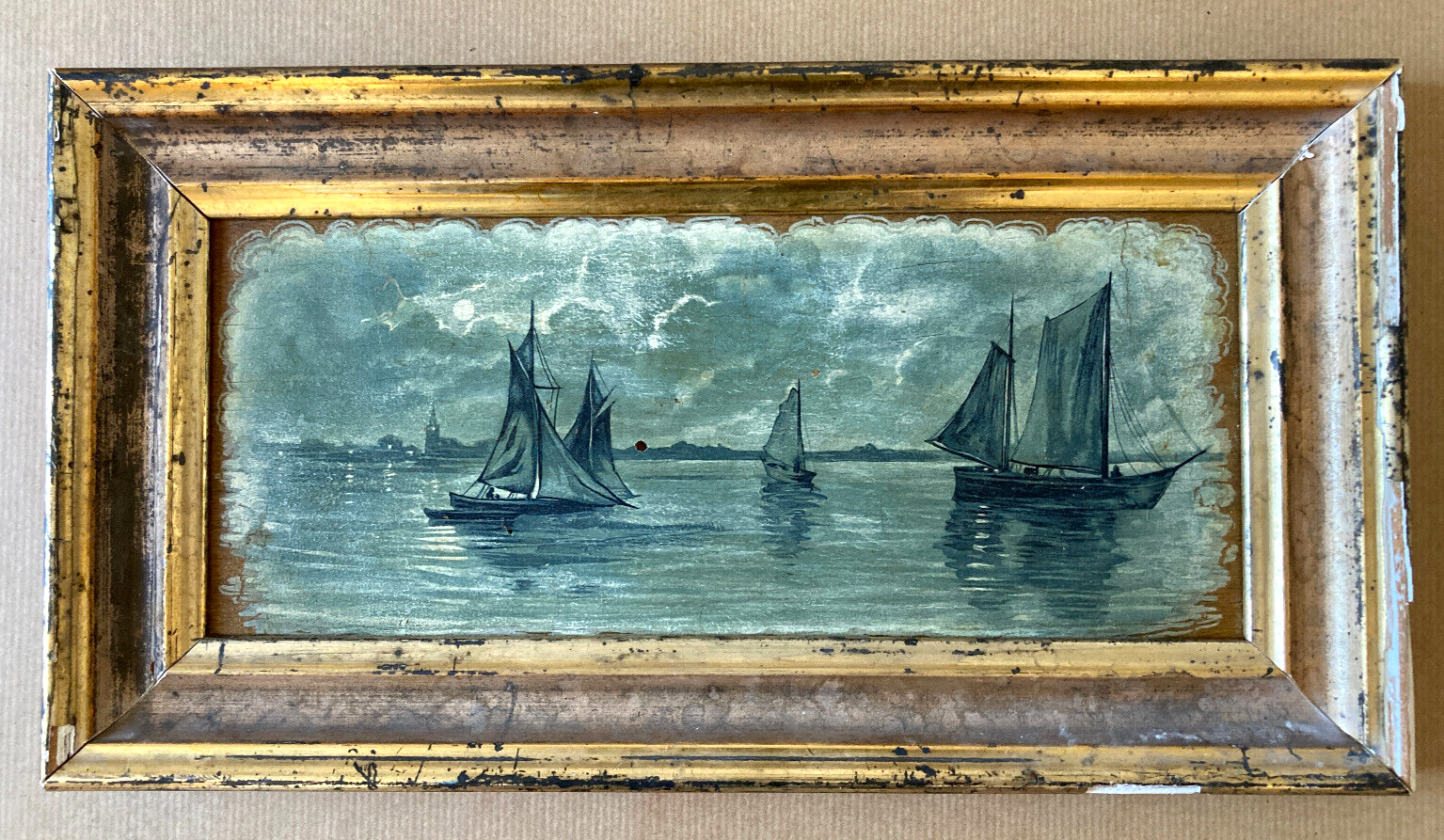 Tabeau ancien - marine - cadre bois doré