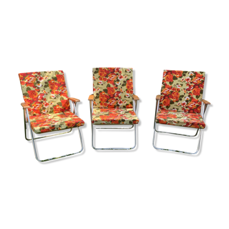 Set of 3 vintage folding camping armchairs with floral pattern