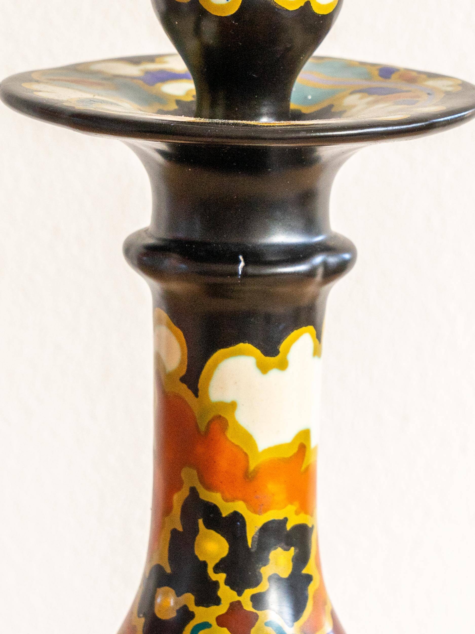 Hand-painted ceramic candlestick in Art Deco Revival style, Dutch Gouda pottery.