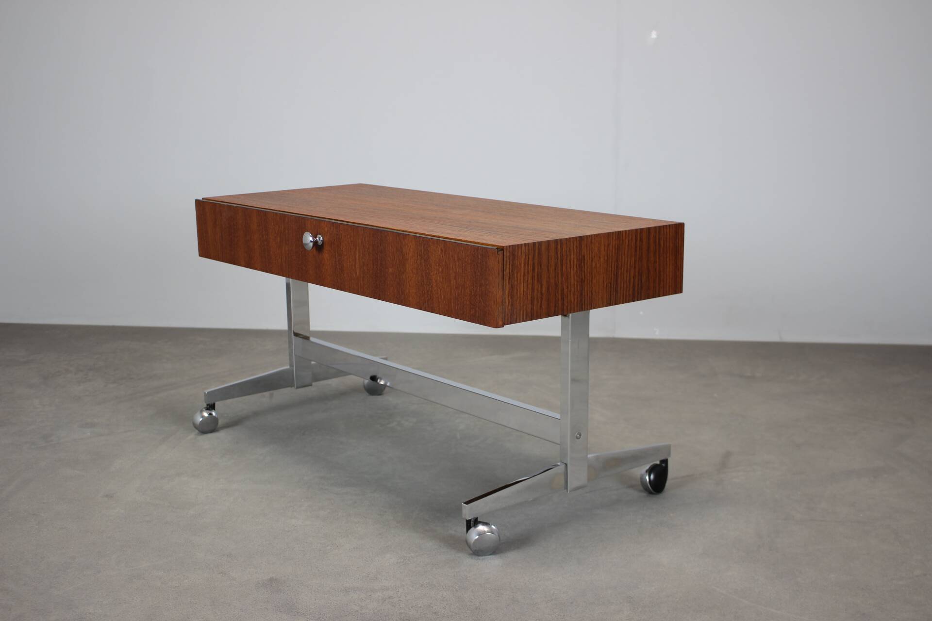 Restored Danish teak rolling media console, 1970s.