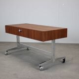 Restored Danish teak rolling media console, 1970s.