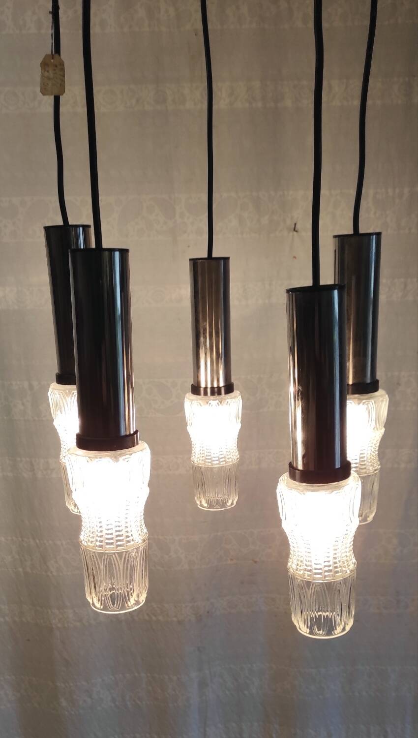 5-light chrome metal and molded glass pendant light - 70's