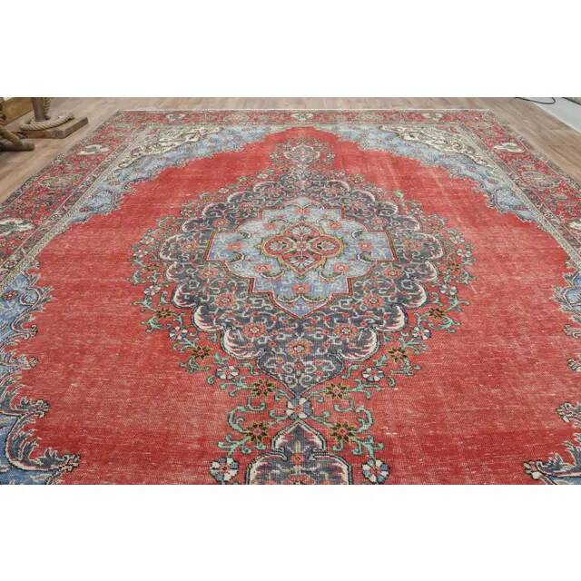 1970s Vintage Persian Handmade Wool Cotton Red Area Rug 289x384
