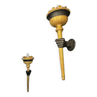 Pair of 19th Century Torchieres / Wall Lights in Gilded Wood and Bronze