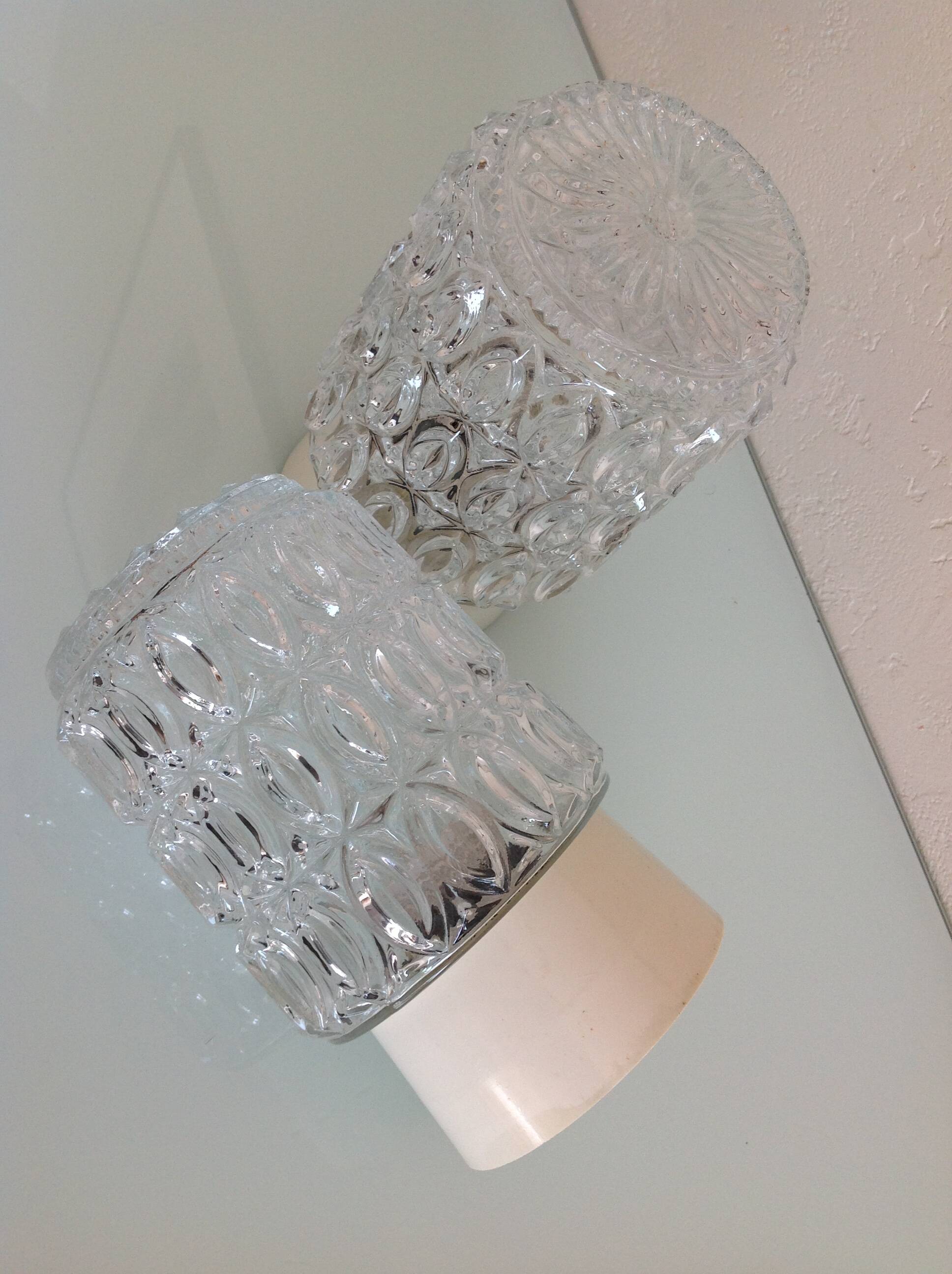Pair of cylindrical structured glass ceiling lights / vintage 60s-70s