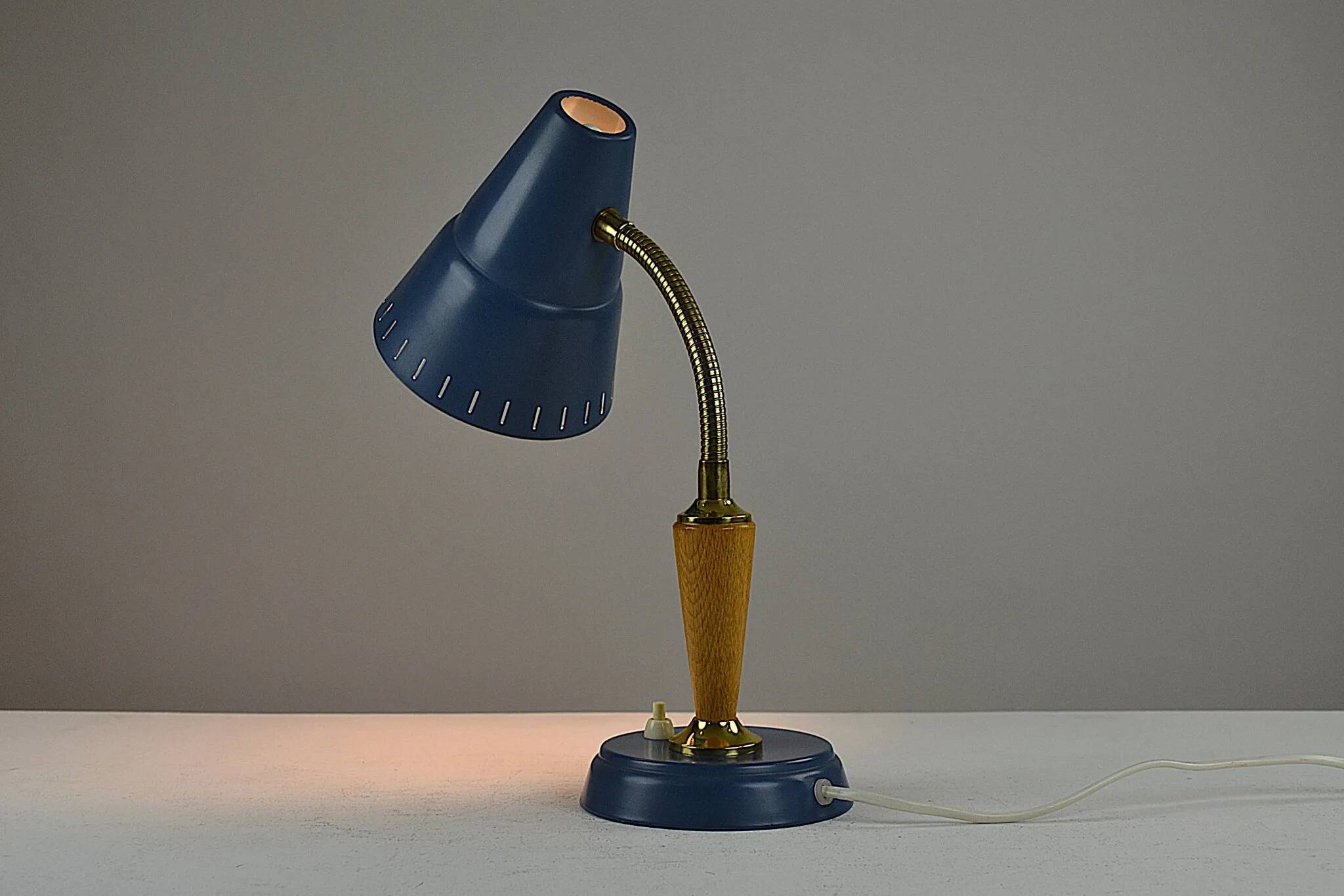 Blue Metal, Brass & Teak Table or Desk Lamp by Ringus, Sweden, 1950s
