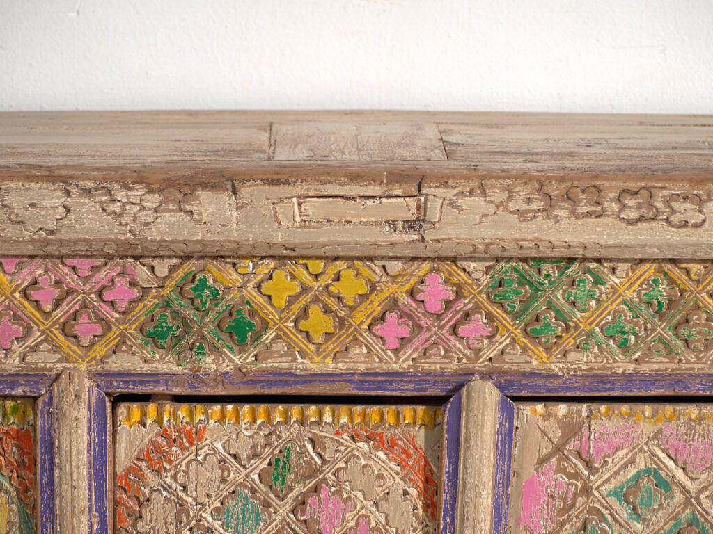 Antique polychrome carved low cabinet in pine – Xinjiang, circa 1900